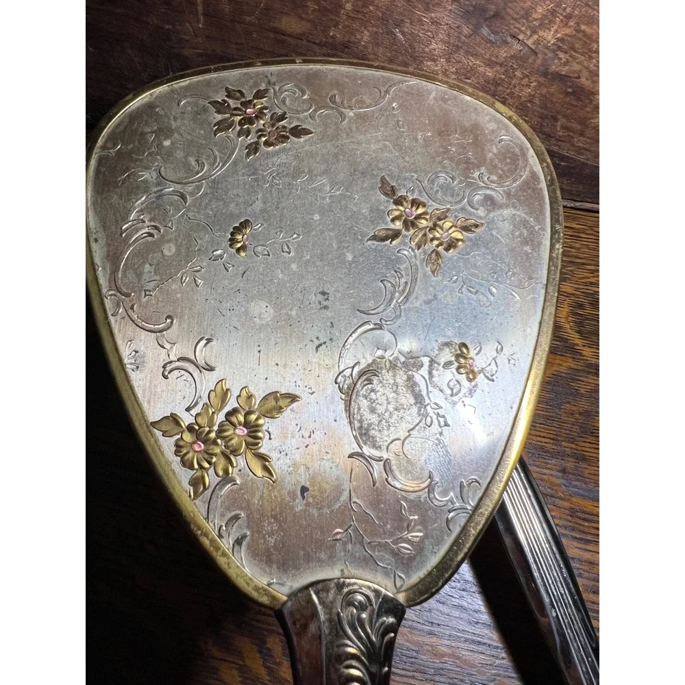 VTG Holywood Regency Floral Silver Gold Tone Hand Mirror & Hair Brush Vanity Set